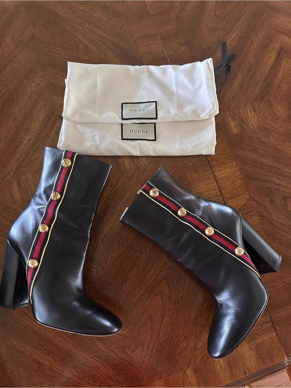 Gucci Carly Malaga Black Leather Mid-Calf Boots with Red and Gold Trim